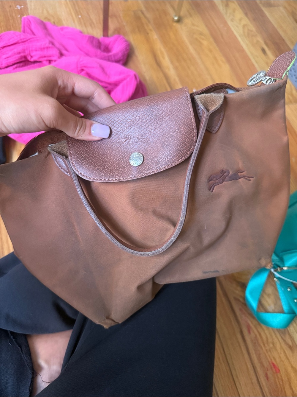 Longchamp Brown Le Pliage Nylon Tote with Leather Trim
